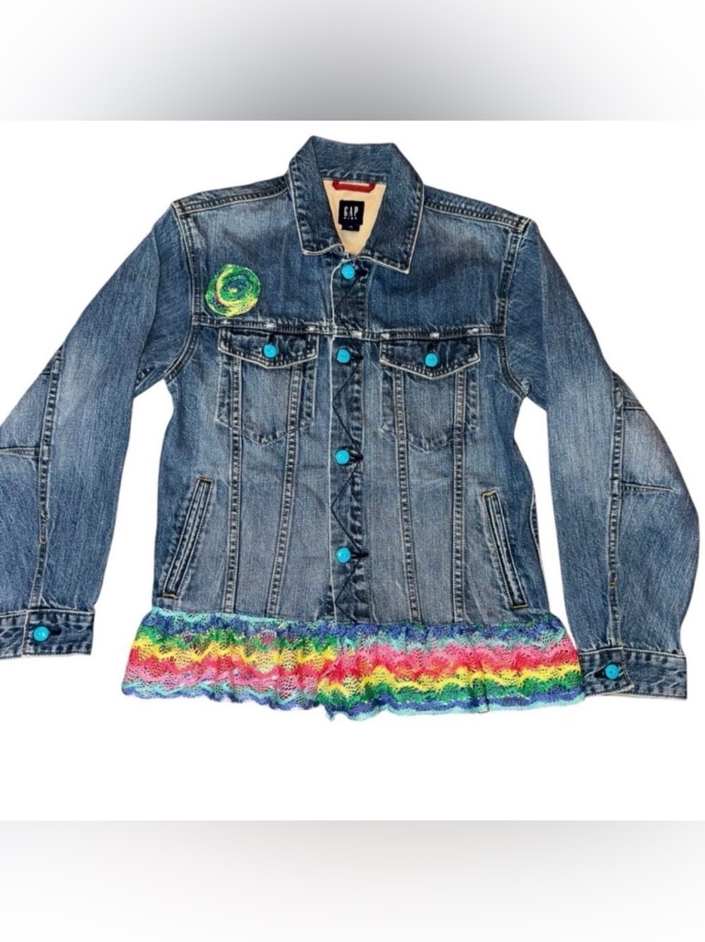 GAP Kids Denim Jacket with Rainbow Trim Girls Size XL Blue Denim Custom Made